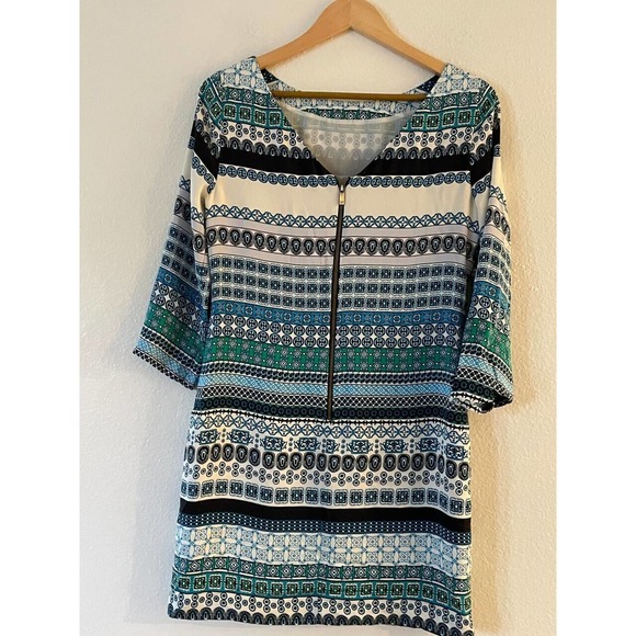 Diane Von Furstenberg Silk Shift Dress 6 Geometric Stripe Boat Neck 3/4 Sleeve - Picture 7 of 16